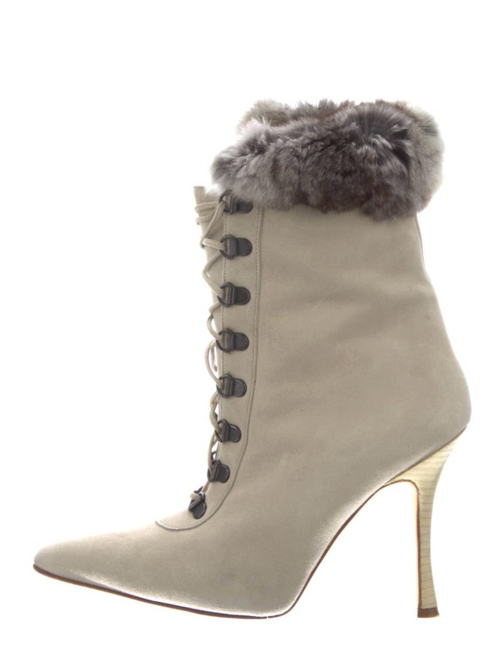 Manolo Blahnik vintage Fur Trim Lace-Up Pointed Toe Ankle Boot in Taupe size 38